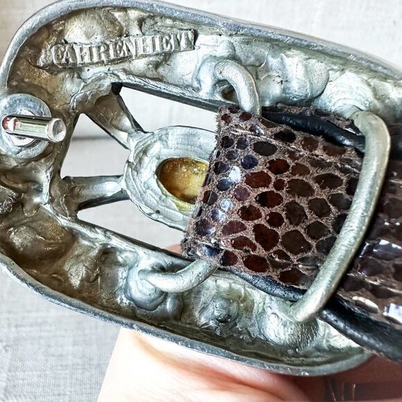Vintage Fahrenheit Brown Black Leather Belt Large Jewel Buckle Rich Auntie M - Picture 10 of 11